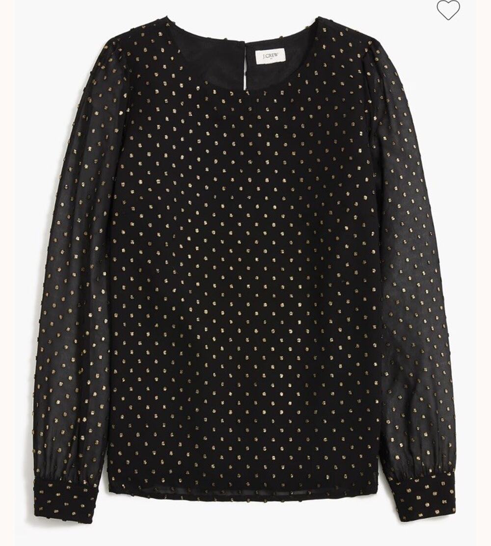 J.Crew Black Gold Metallic Polka Dot Long Sleeve Blouse NWT Size Medium